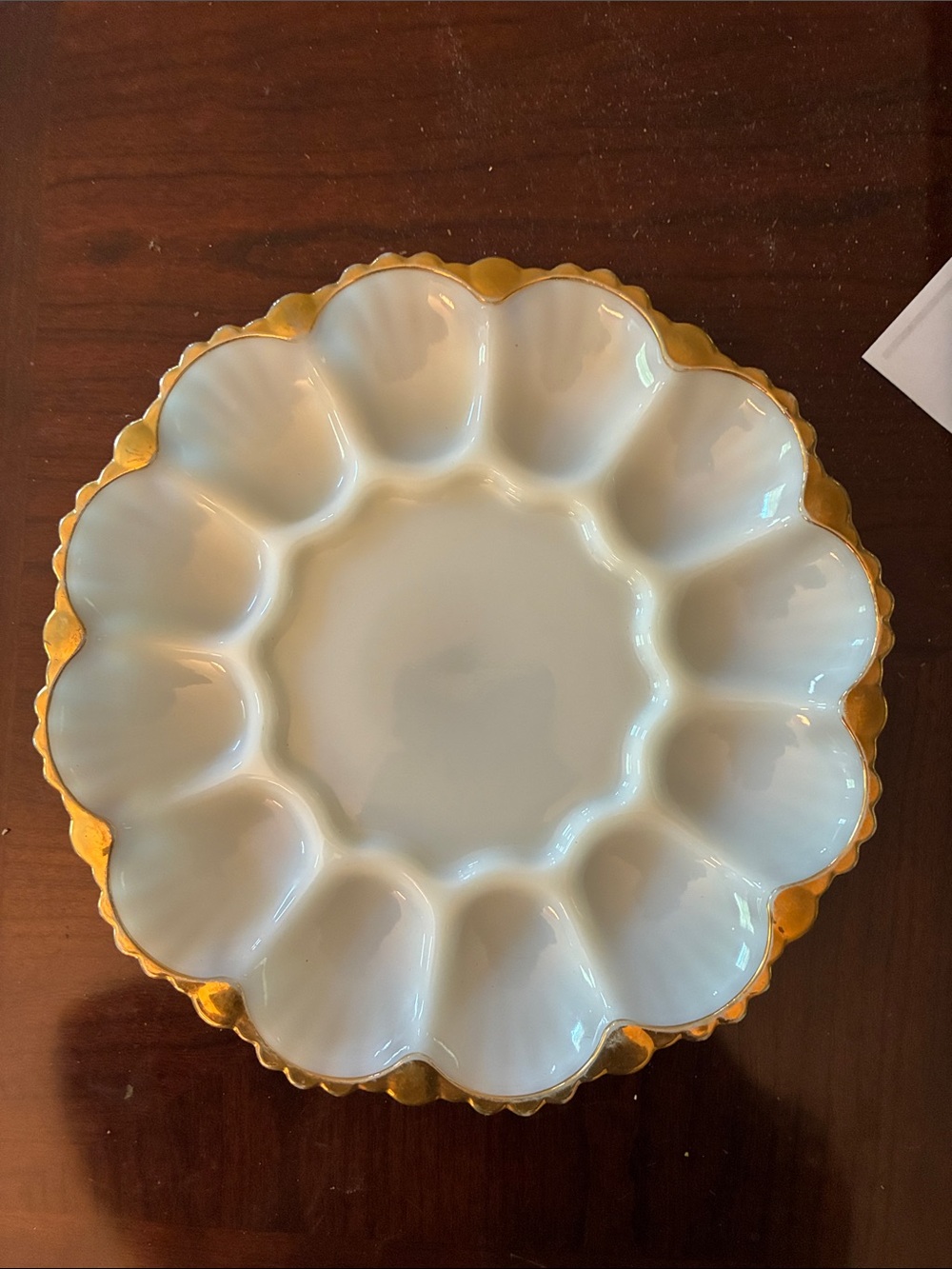 VTG Anchor Hocking 10” Deviled Egg Plate Milk Glass White Scalloped w/Gold 1950s